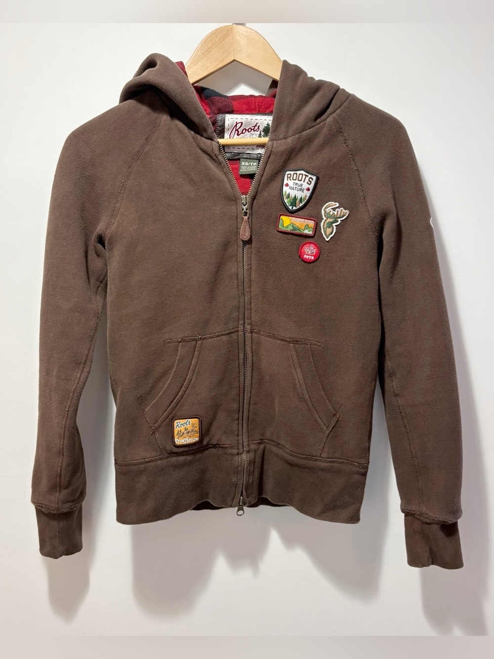 Roots Outdoors Whistler Full Zip Hoodie Brown Plaid Lined Patches Women Size XS
